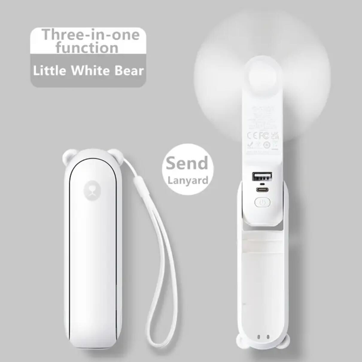 Bear Breeze Mini Fan – Portable Handheld Fan with LED Light & Power Bank Function