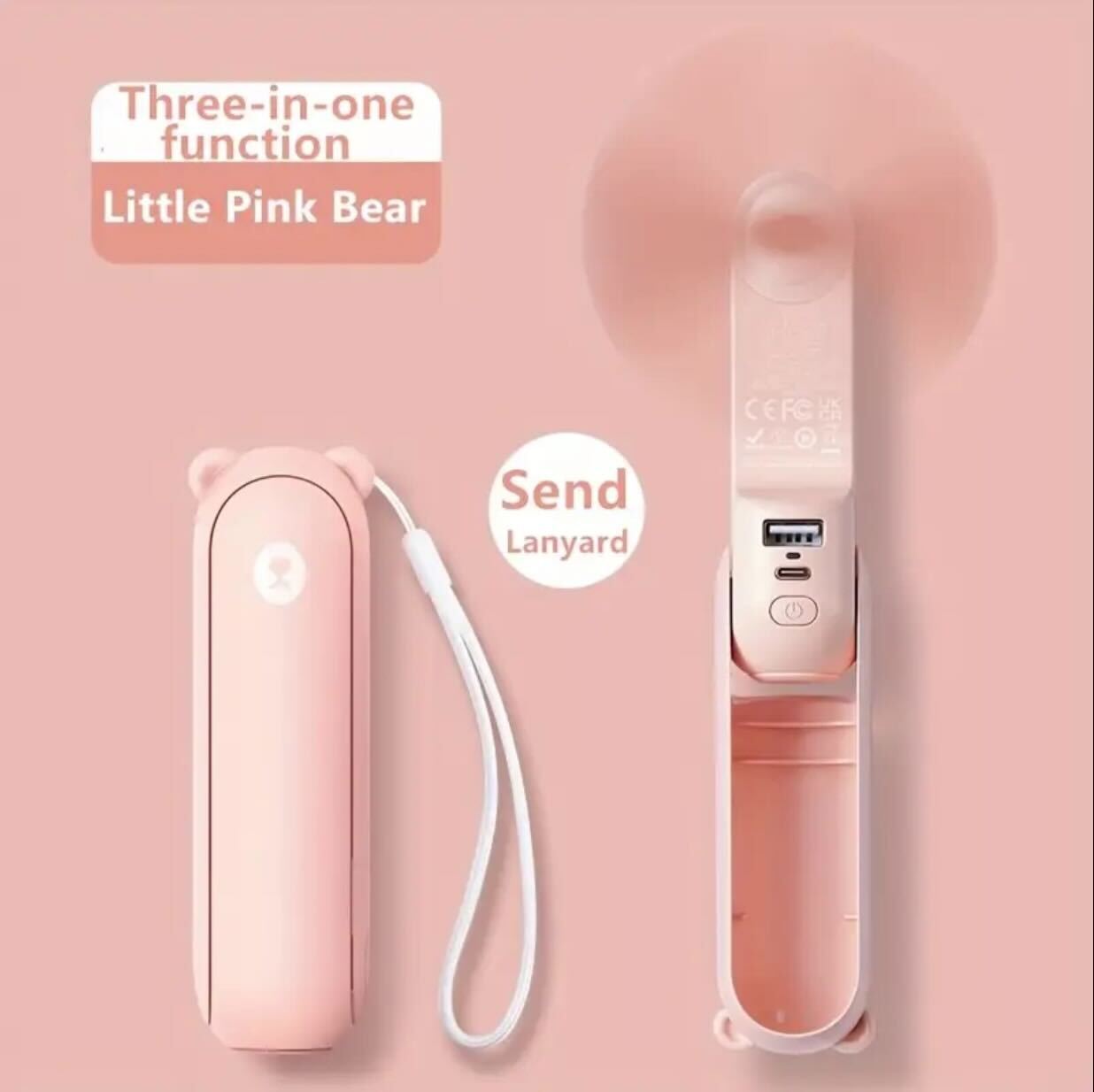 Bear Breeze Mini Fan – Portable Handheld Fan with LED Light & Power Bank Function